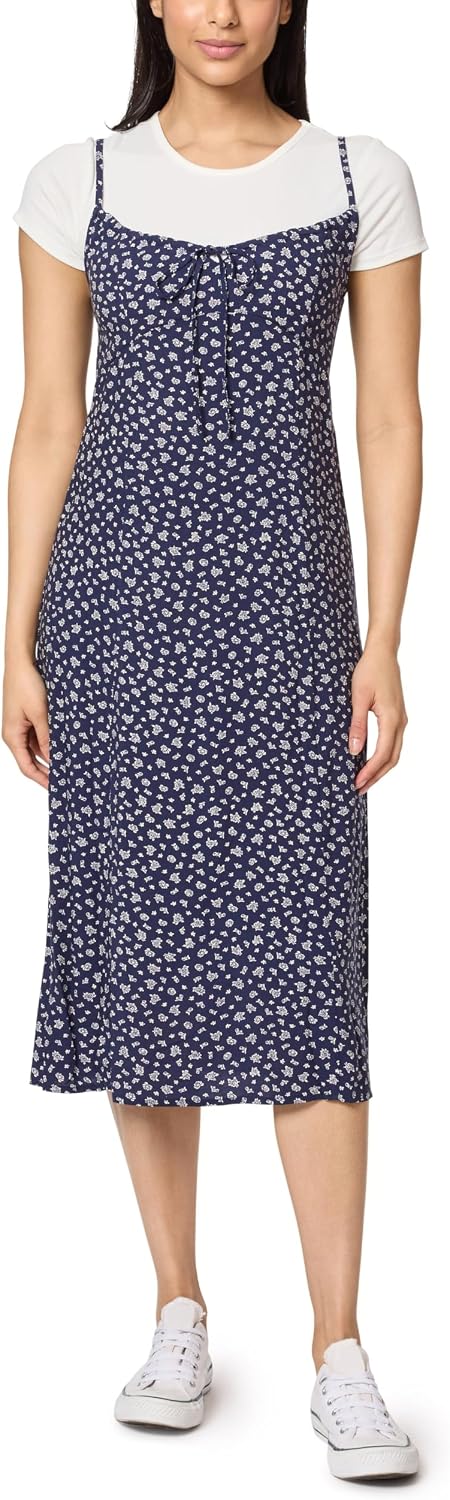 WallFlower Women's Annie 2 Piece Yummy Rib Short Sleeve Tee and Rayon Challis Midi Dress Set