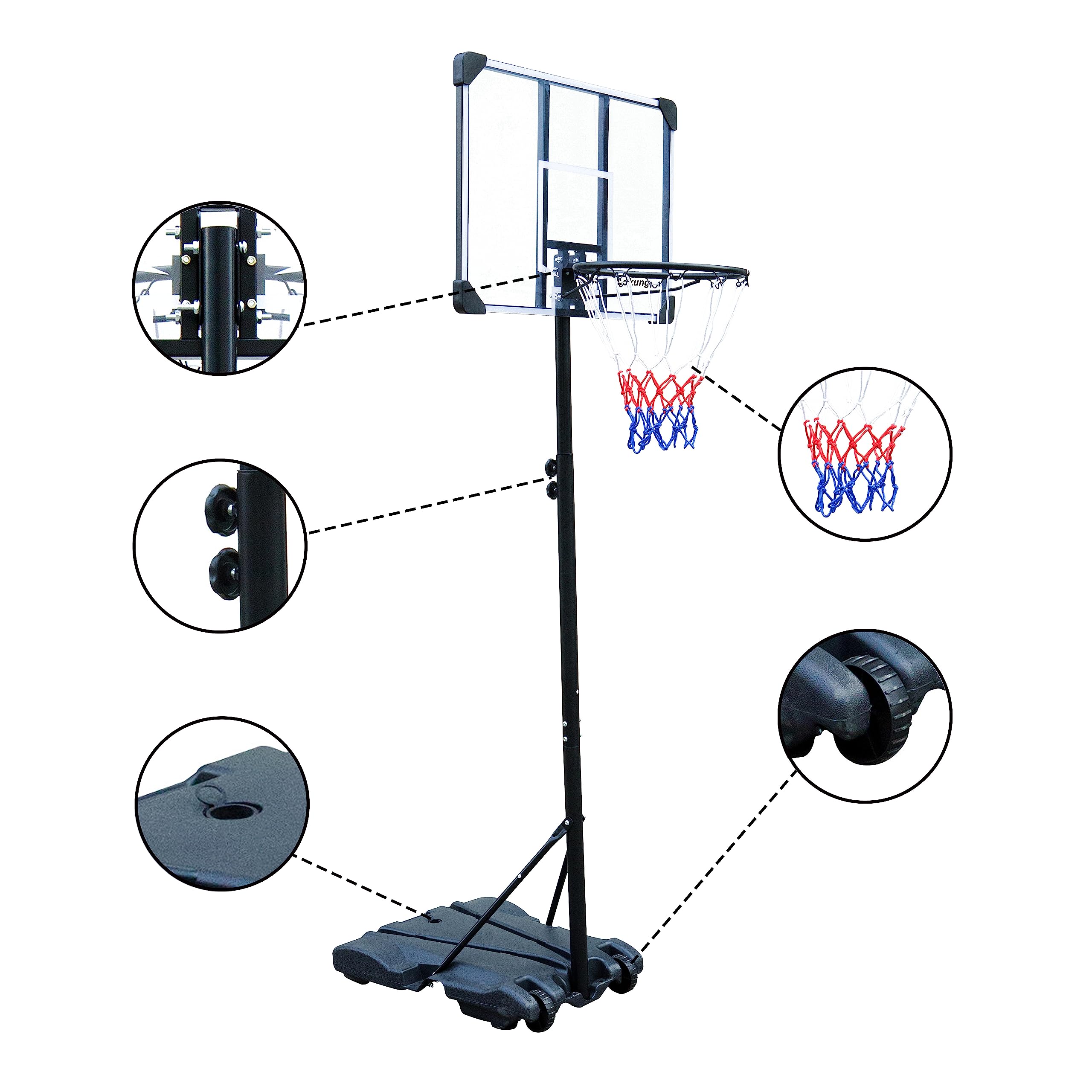 HIONRE Set di canestro da basket trasparente da 2,1 m, professionale, per esterni, con ruote, altezza regolabile 165 cm-213 cm, nero