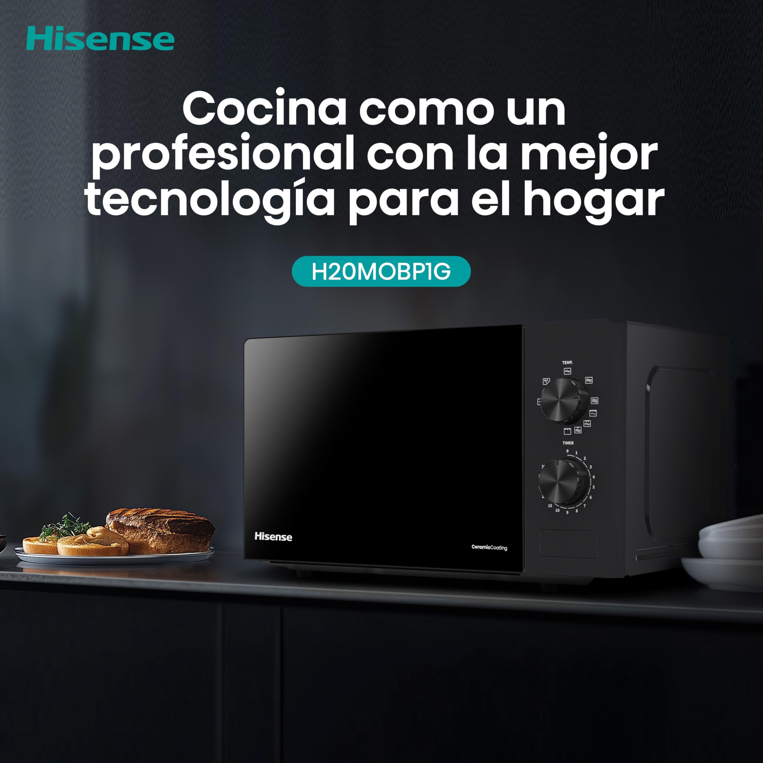 Hisense H20MOBP1G - Microondas con Grill 20 L, 700 W de Potencia, 800W Grill, Revestimiento Cerámico, Cristal Premium, 5 Niveles, Fácil Limpieza, Temporizador cocción, Negro