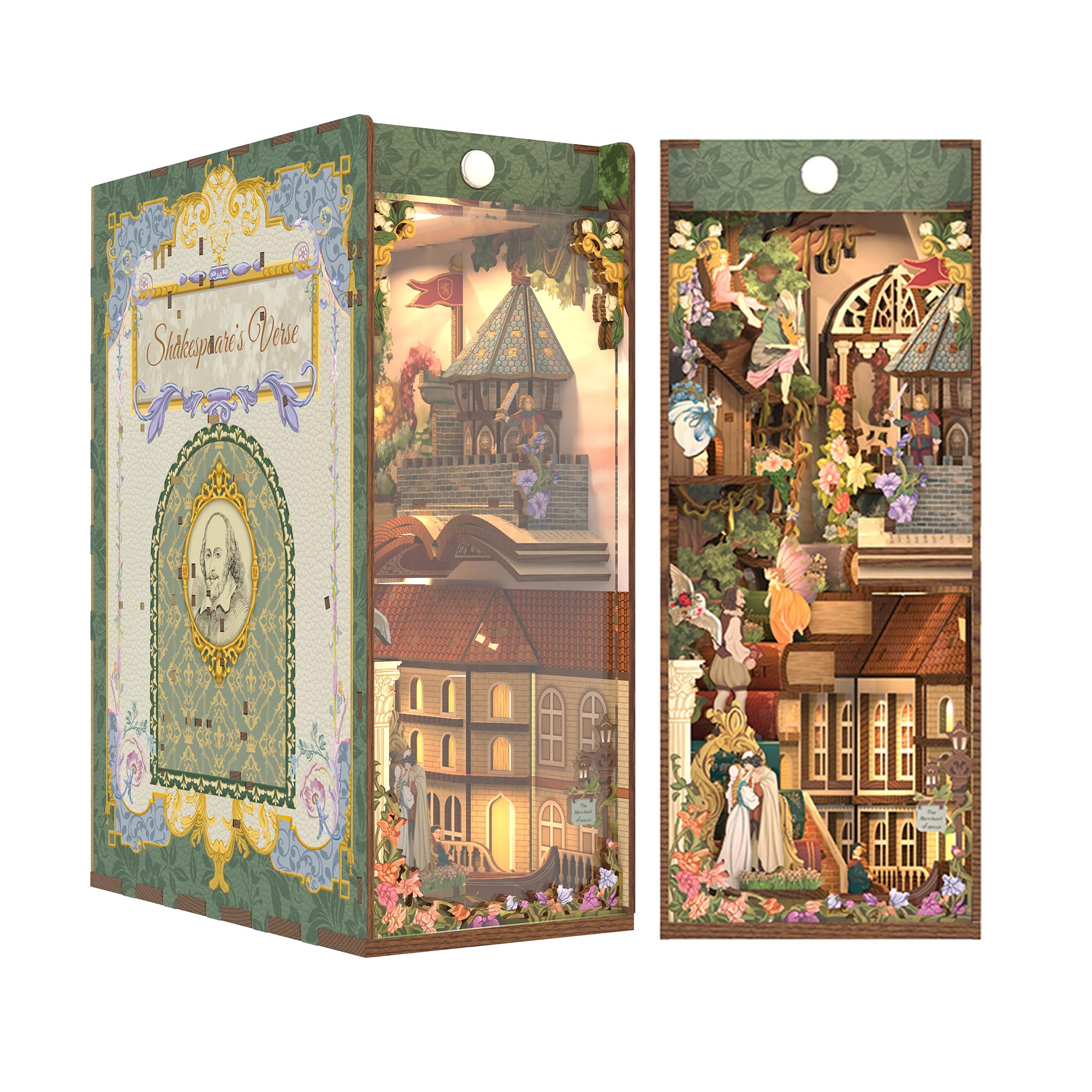 Tonecheer x British Library DIY Book Nook Kit, Shakespeare 3D-Holzpuzzle für Erwachsene, Miniatur-Haus-Kit Booknook-Bücherregal-Einsatz Dekor mit LED-Licht Handwerks Geschenk（Shakespeare-Verse）