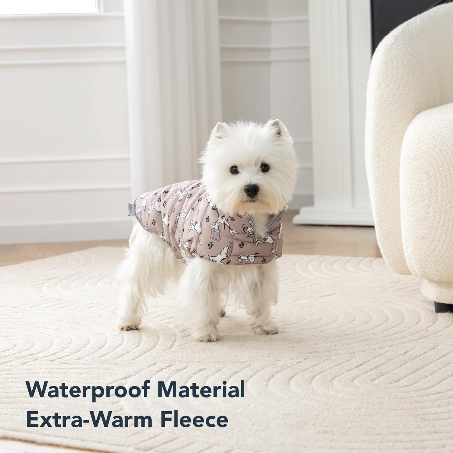 Berkshire Peanuts® Microfleece Dog Coat, Warm Fleece Dog Jacket with Waterproof Shell, Hook & Loop Design for Small, Medium, or Large Dogs (Small, Poses and Paws Doeskin)