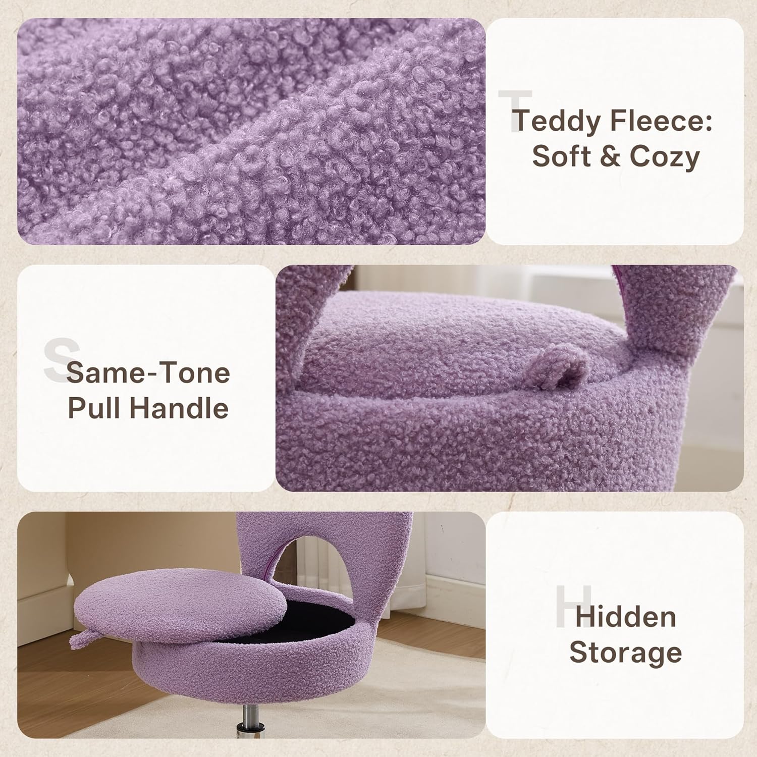 Home Office Chair Foldable Vanity Chair Vanity Stool with Storage 15.8" Spacious Seat 360° Swivel Height Adjustable Pale Purple