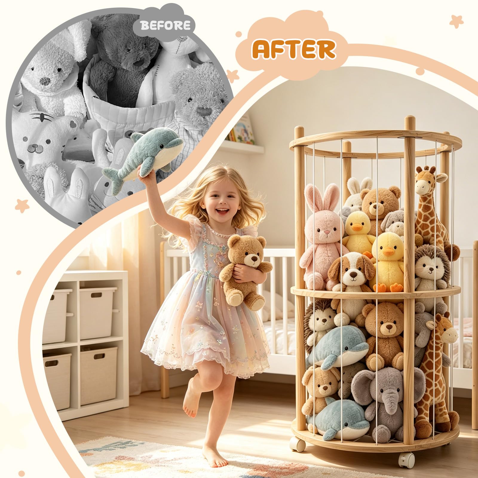 Holz Kuscheltier Aufbewahrung, Stofftier Aufbewahrung Mit 360°Bremse-Ausgestattete Räder, Zweistufig Plüschtier Lagerung für Spielzimmer, Kinderzimmer, Schlafzimmer, Kinderzimmer (95*51 cm)