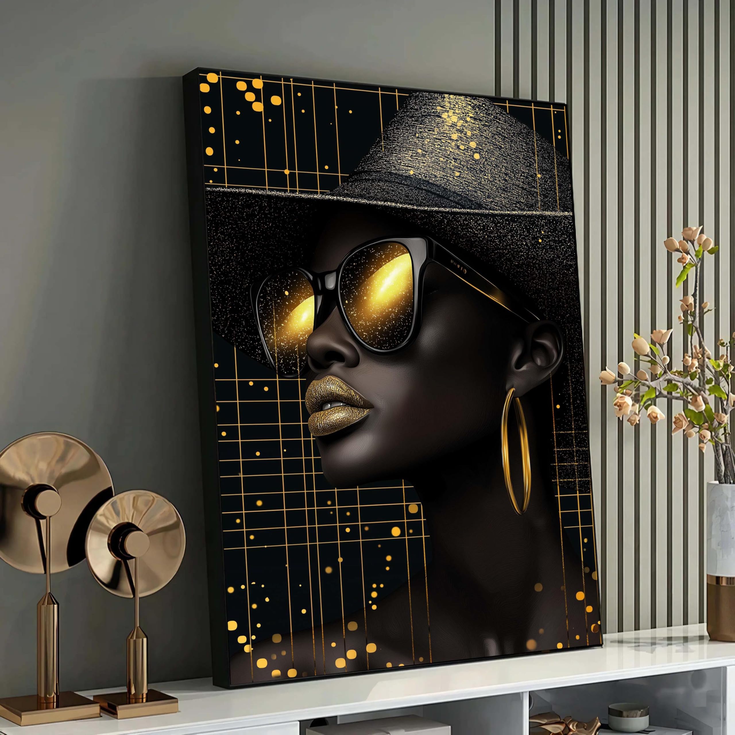 YUSUZHU Futuristic Black Woman Portrait – Gold Painting Canvas Art, Wall Pictures,Modern Wall Decor, Posters and Prints Canvas(70x100cm/Frameless)