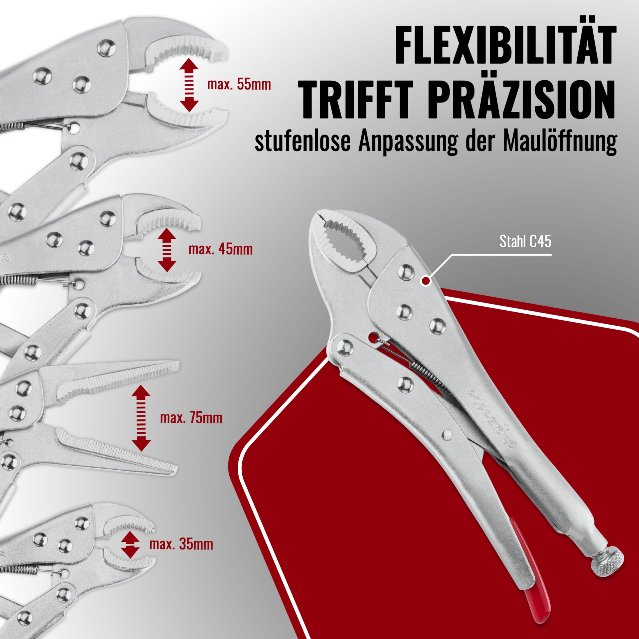 Poppstar Gripzangenset mit 3x Gripzange (225/182 / 140 mm) und 1x Langbeckzange (170 mm) inkl. Tasche