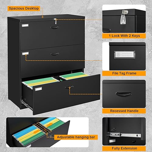 Miniatura 4 de Archivador lateral de 3 cajones con cerradura para oficina en casa, archivador ancho de metal, archivador de acero para tamaño cartalegalA4F4, color