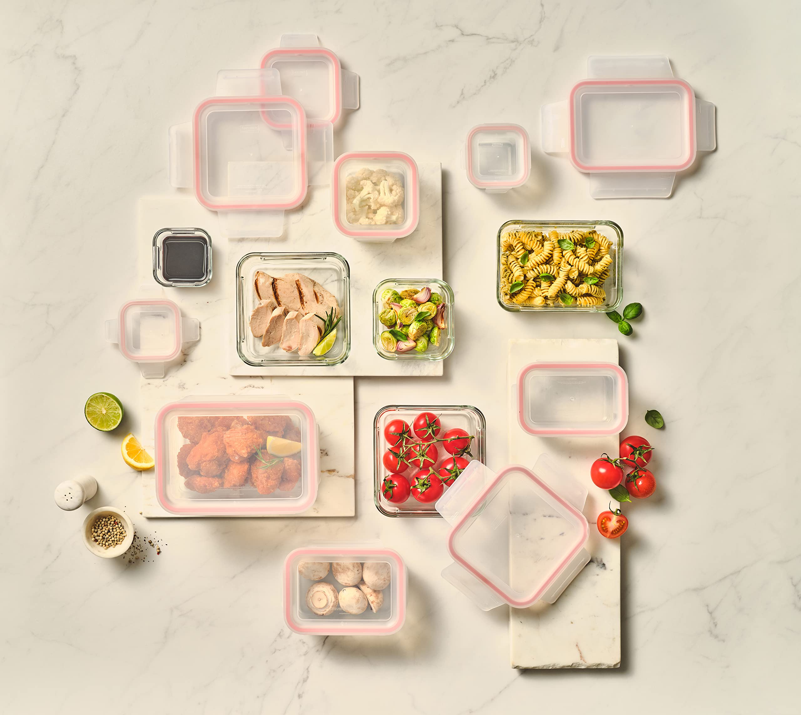 GLASSLOCK Smart - Set di 20 contenitori per alimenti in vetro, 100% ermetici e a prova di perdite, coperchi senza BPA, adatti al congelatore e al forno