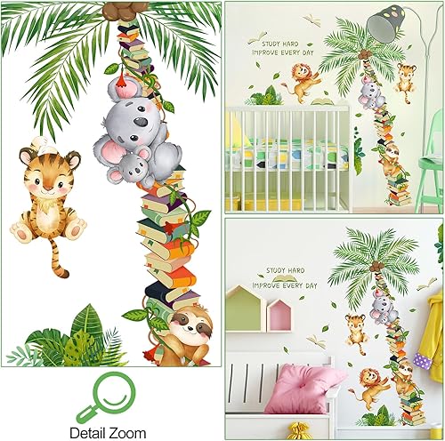 Miniatura 3 de Calcomanías de pared de árbol de coco gigante, bonitos animales de la selva, calcomanías de pared DIY removibles hojas verdes vid, safari, animales