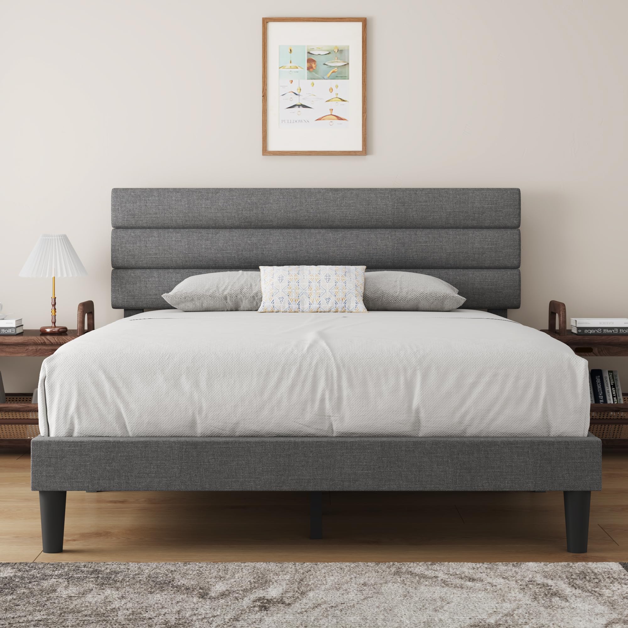 Full Bed Frame Upholstered Full Bed Frame Platform with Headboard Linen Fabric Headboard Wooden Slats Support, No Box Spring Needed, Easy Assembly, Mattress Foundation,Light Grey