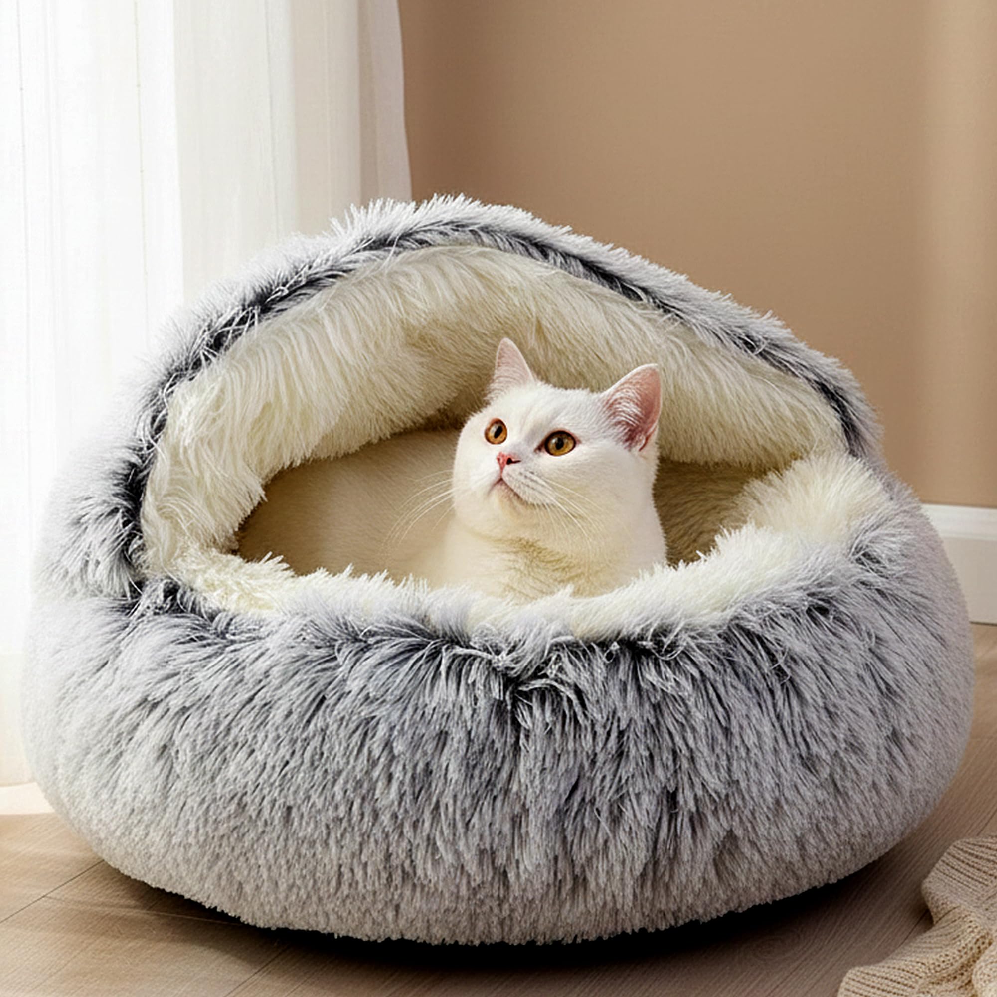 JupiterJX Round Cat Bed Fluffy Pet Beds Indoor Cat Cave Hooded Bed, Non-Slip Bottom Washable Removeable Plush Cover, Kitten, Cats, Dogs Sleeping Cushion Beds (Grey, 60cm) — image 1