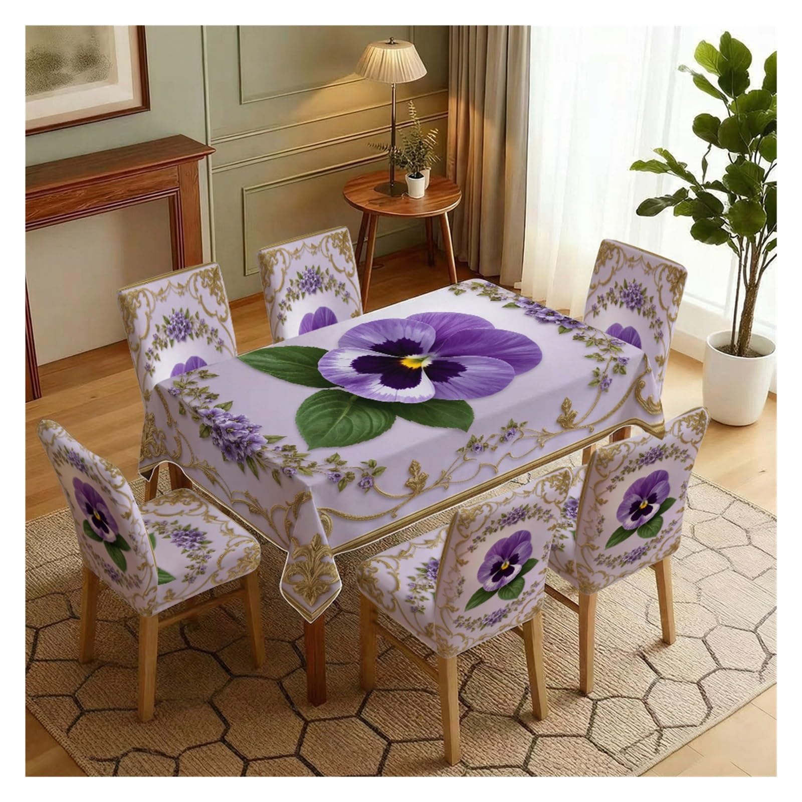 BOSUYBN Purple Pansy Golden Baroque Dining Tablecloth & Chair Covers Set, 5/7 Piece Elegant Vintage Royal Floral Home Decor Table Setting(7pcs Set: Tablecloth+Chair Covers)