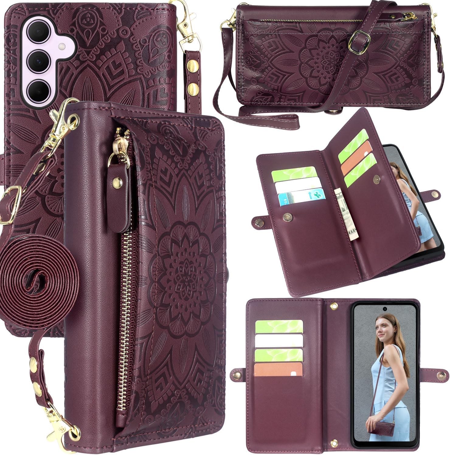 Harryshell Crossbody for Samsung Galaxy A35 5G Wallet Case [10 Card Slots] with [Theft-Scan Blocking],Cash Coin Zipper Pocket Long Shoulder & Wrist Strap Phone Case for A35 (Floral Wine Red)