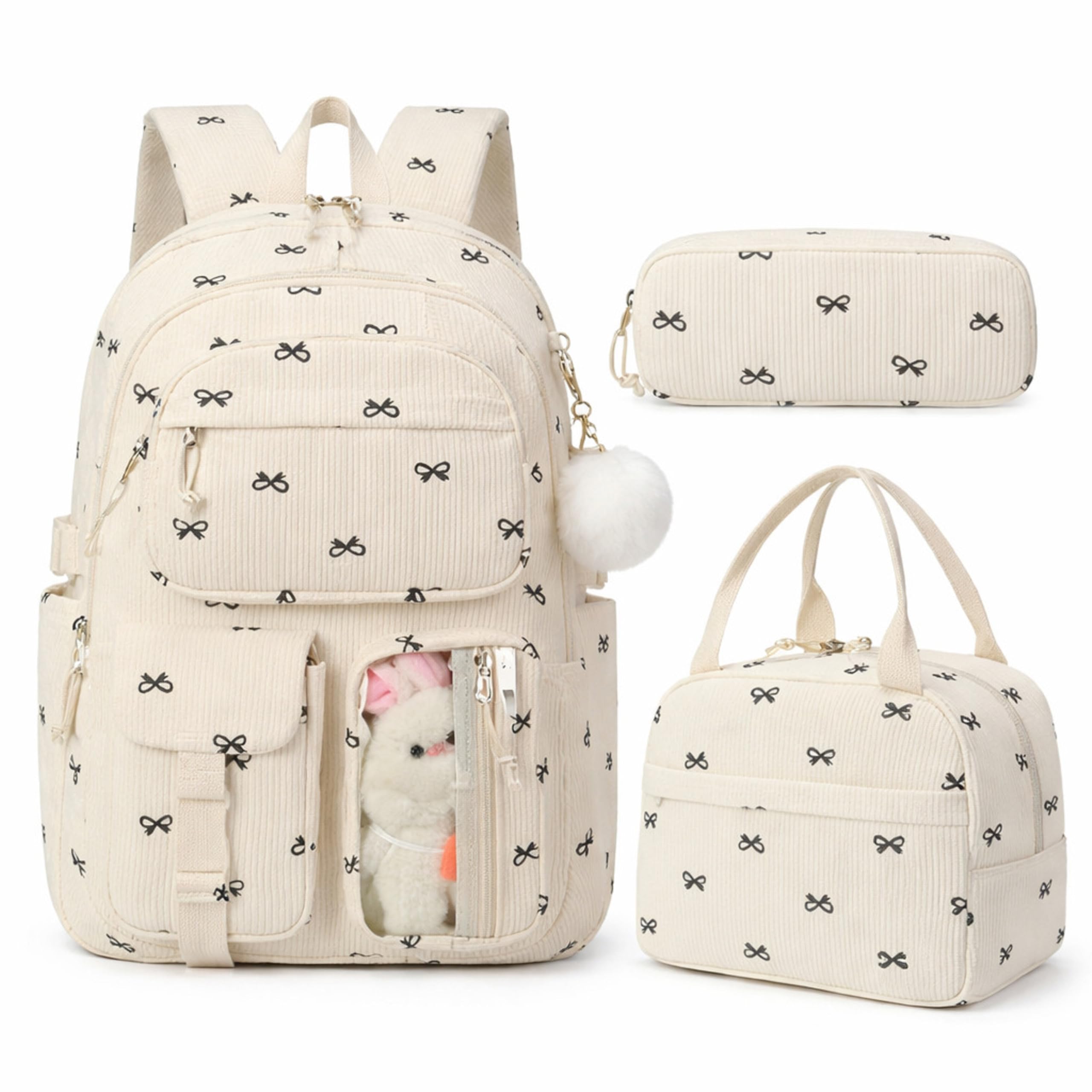 Corduroy Backpack with Lunch Bag & Pencil Pouch for Teen, Elementary Middle High School Bookbag Travel Daypack, College School Backpack with Lunch Box and Pencil Case-image-14