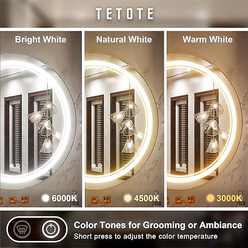 Miniatura 3 de TETOTE Espejo retroiluminado redondo de 36 pulgadas para baño, espejos redondos LED con luces, 3 colores regulables, espejo montado en la pared para