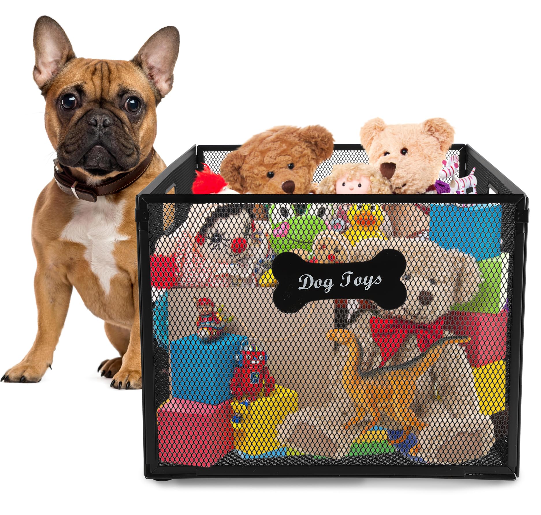 APITOS Metal Dog Toy Box-Dog Toy Basket-Wire Mesh Basket Black-Pet Accessory Rust-Stylish Dog Bone Design-for Organizing Pet Toys Cat Blankets,Dog Clothes,Urine