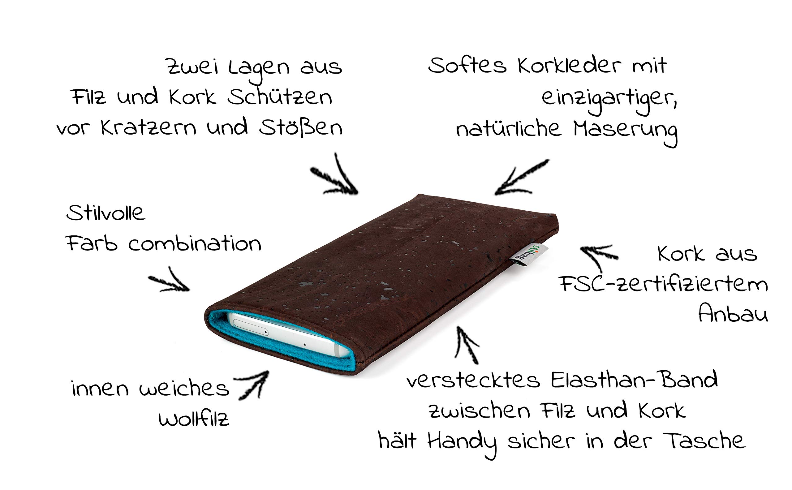 stilbag maßgeschneiderte Korkhülle VIGO | Handytasche Made in Germany | Kork braun, Woolfilz Azur
