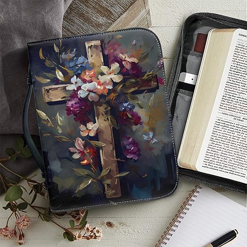 Miniatura 5 de ZOCAVIA Funda de cuero para la Biblia con estampado floral, fundas de transporte para la Biblia para mujeres, con asa y bolsillos con cremallera,