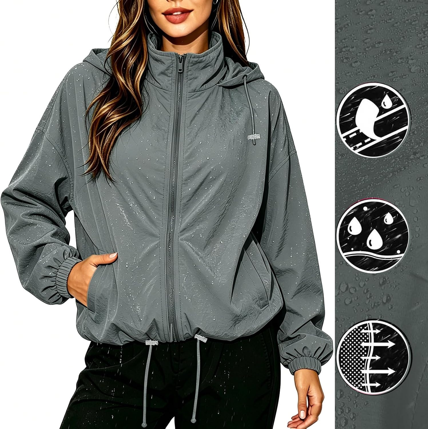 Windbreaker Jacket for Women Full Zip Hooded Lightweight Sports Coat | Women's Casual Zip Up Waterproof Hoodie Jacket with Drawstring Hem, Long Sleeve, Loose Athletic Coat for Fall Spring Travel