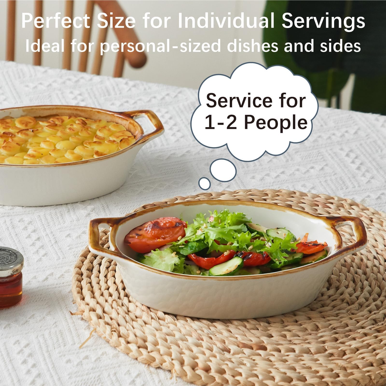 ONEMORE Au Gratin - Juego de 4 mini cacerolas ovaladas de cerámica blanca con borde marrón, aptas para horno, 20 onzas, 6 x 8 pulgadas, ideal para servir individualmente, lasaña, quiche