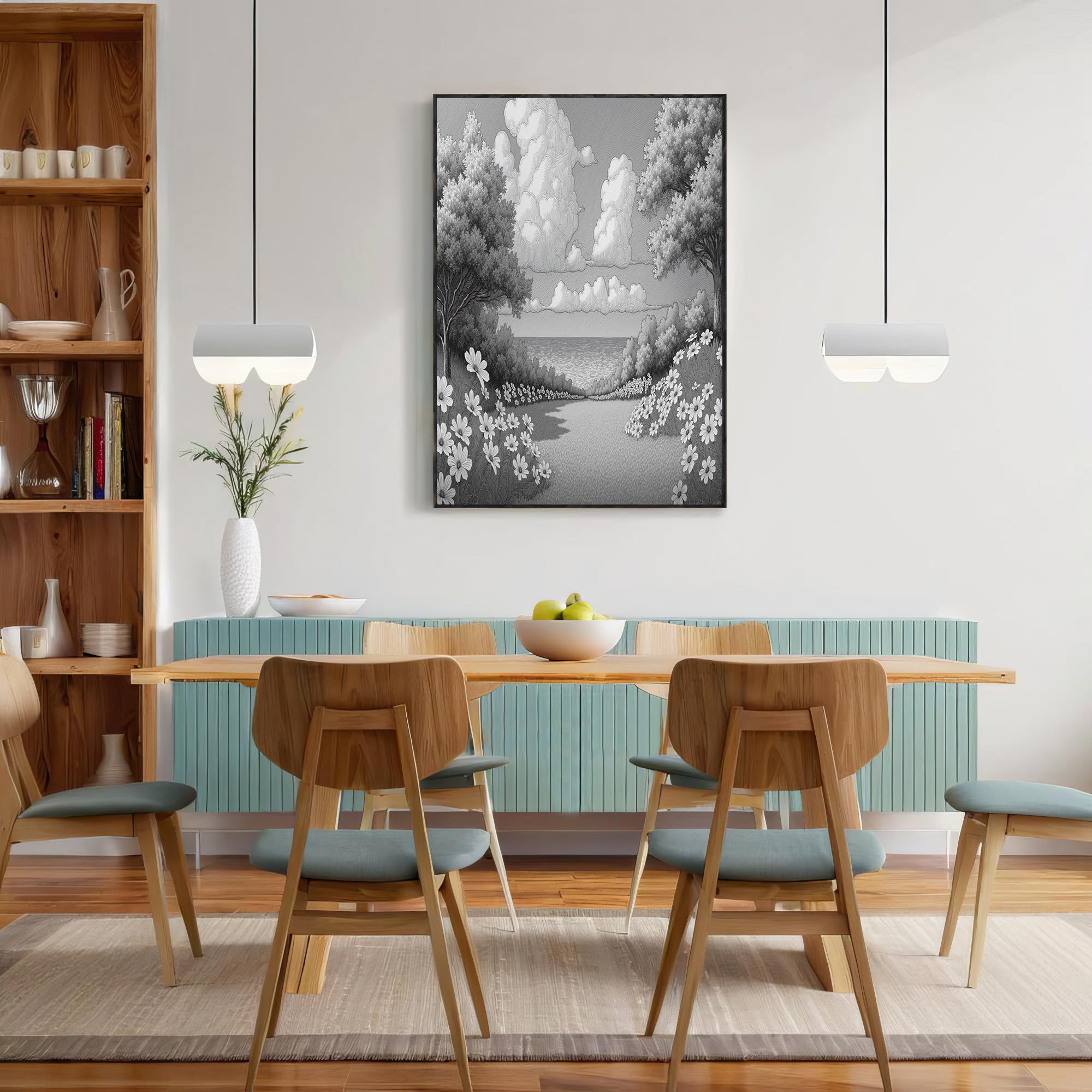 GDJSMIN Arte Murale Alberi Fiori E Motivo Marino, Decorazione Da Parete Per Bagno Schizzo Giardino Paesaggistico, Arte Murale Grigio Chiaro Su Tela Per Camera Da Letto Bagno 80×120 Cm Senza Cornice