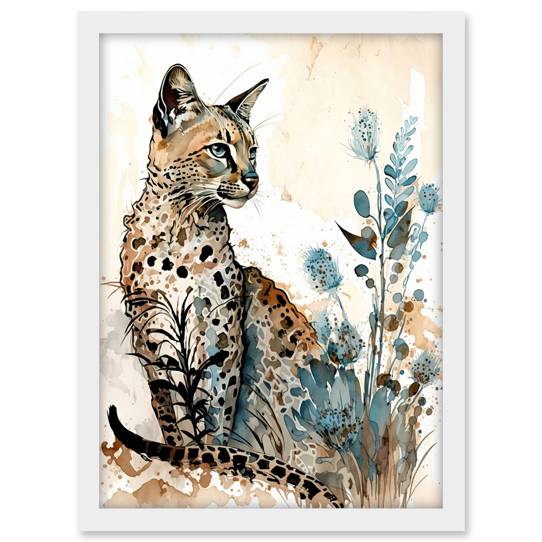 Artery8 Savannah Cat and Wildflowers Modern Watercolour and Ink Illustration Artwork Framed A3 Wall Art Print