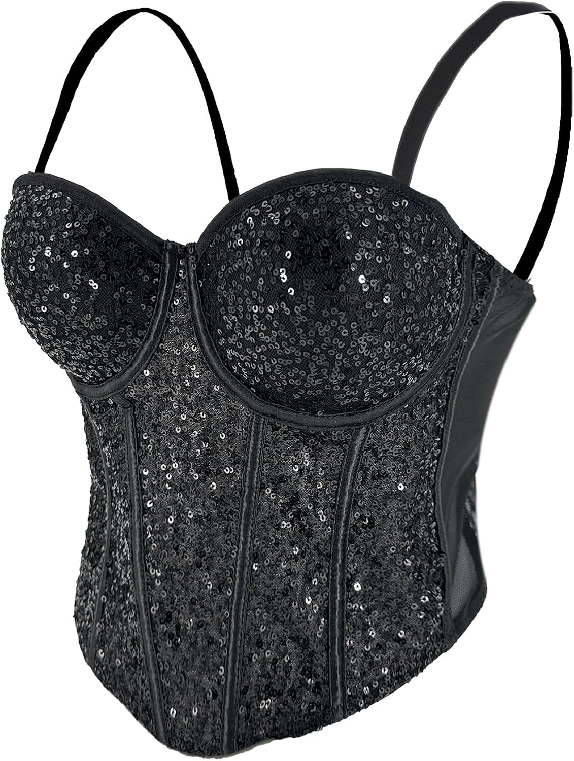 ELLACCI Women's Sexy Sequin Sheer Mesh Bustier Corset Tops Black