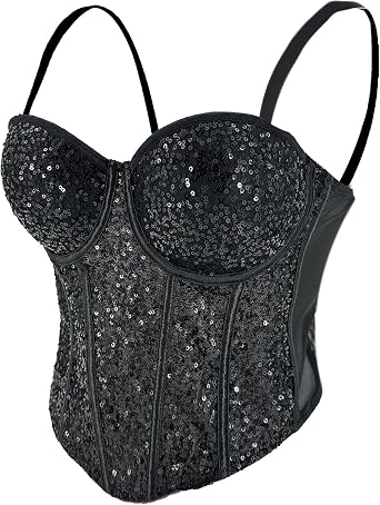 ELLACCI Womens Sexy Sequin Sheer Mesh Bustier Corset Tops Black
