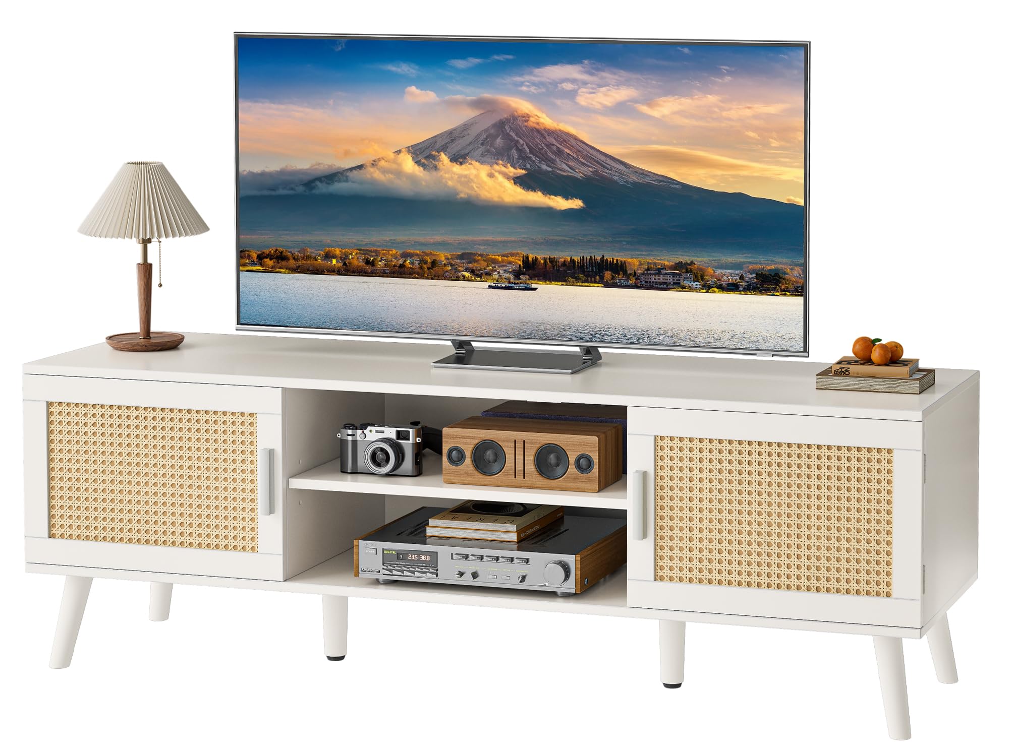 superjare tv stand for 65 inch tv entertainment center with adjustable shelf rattan tv console with 2 cabinets media console solid wood feet 4 cord holes for living room white