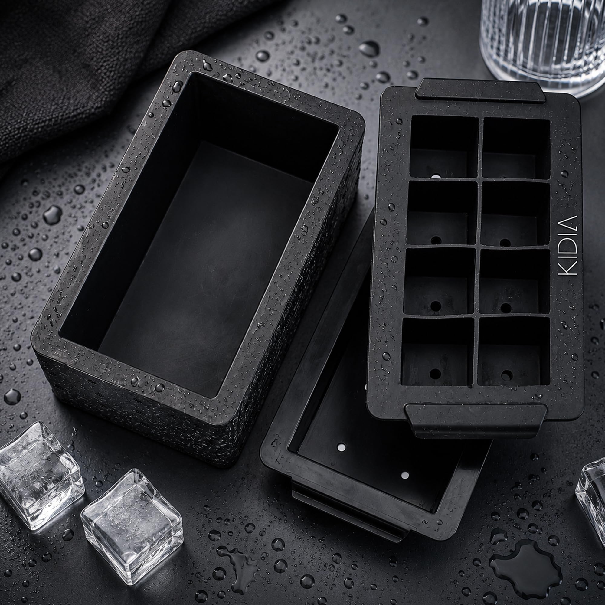 Kidia Ice Clear Cube Maker – Cubos de Hielo Transparente 8× 5x5x5 cm – Congelación Direccional, Silicona Alimentaria, Caja Aislante para Cócteles y Whisky