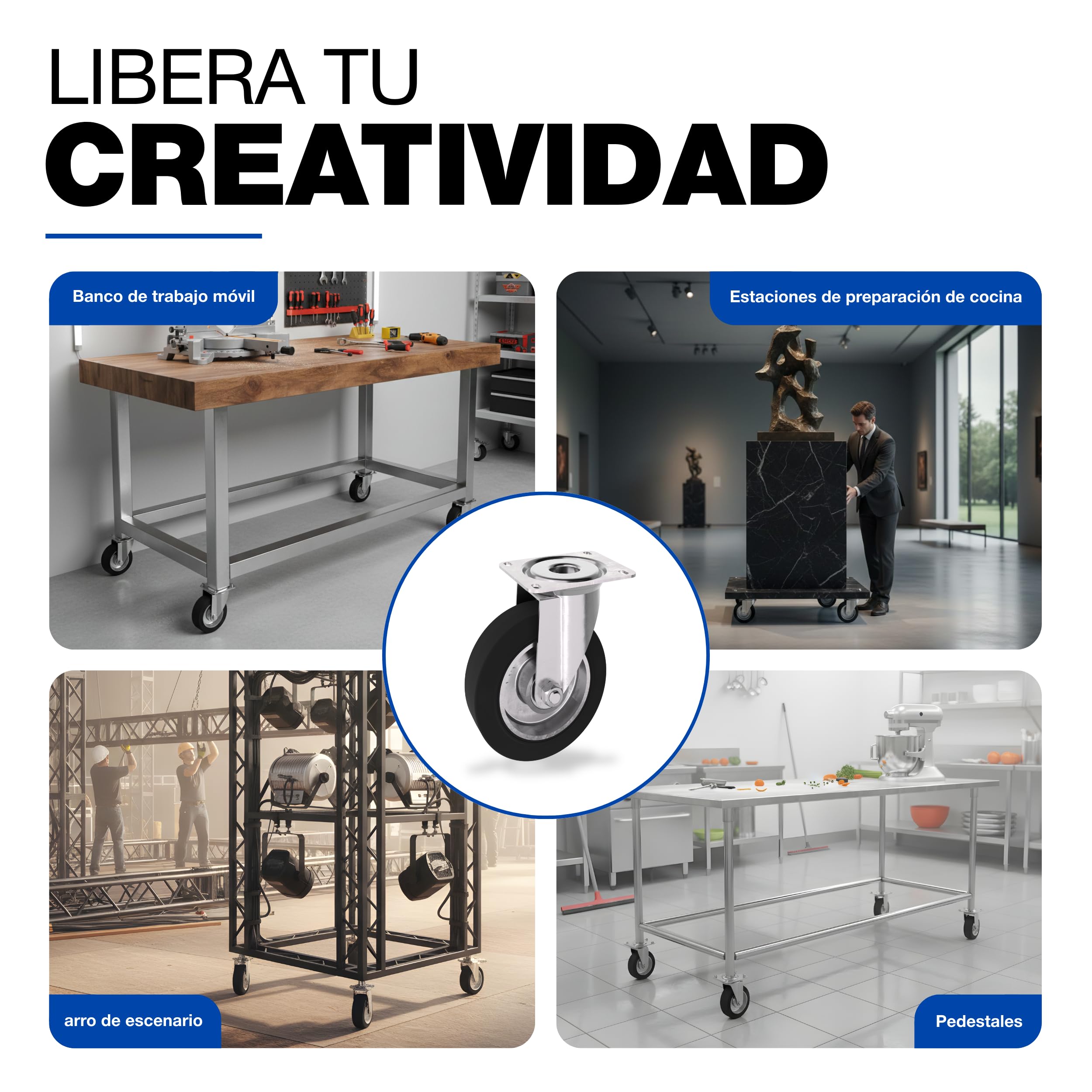 GeZu Impex Ruedas Giratorias 200x40mm Juego of 8 | Galvanizadas Ruedas Giratorias Alta Resistencia Poliuretano Goma Sólida para Bancos de Trabajo Muebles Carros Equipos