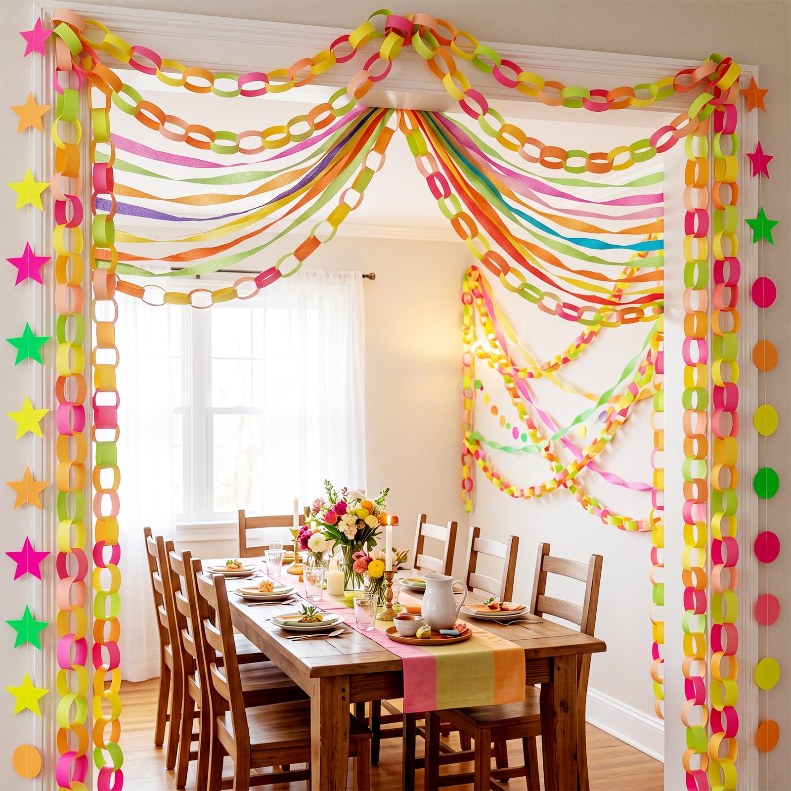 TaoBary Guirnalda de 600 hojas de papel de neón para decoración de fiestas, 100 m, crepé brillante, 15,8 m, círculos y estrellas, para colgar en la oscuridad, fiesta, cumpleaños, decoración de boda