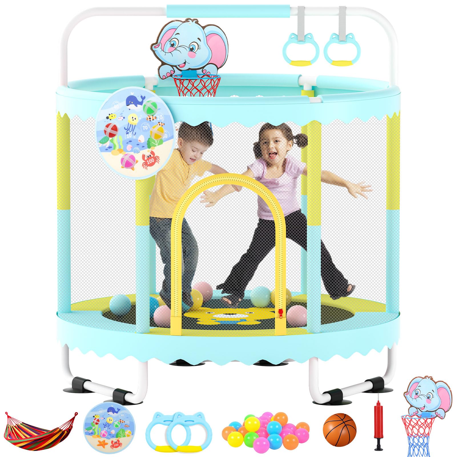 Trampoline for Kids 60''/48'' Toddler Trampoline, Outdoor Indoor Recreational Trampolines with Enclosure Net, Swing, Adjustable Gymnastics Bars, Basketball Hoop, Dartboard, Gifts for Boys & Girls