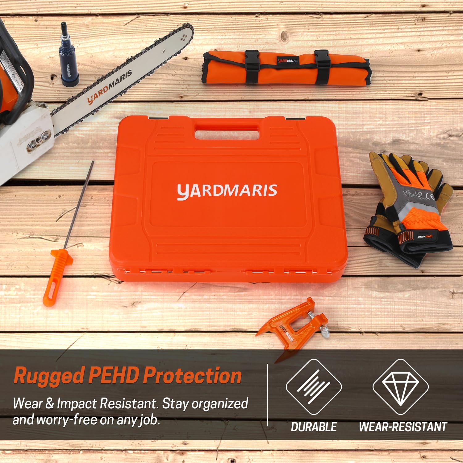 Aufbewahrungsbox für Kettensägenketten - Universale Organizer-Box bis 50 cm Klingenlänge, tragbare Chainsaw Sägekettentasche mit Verhedderschutz in Orange