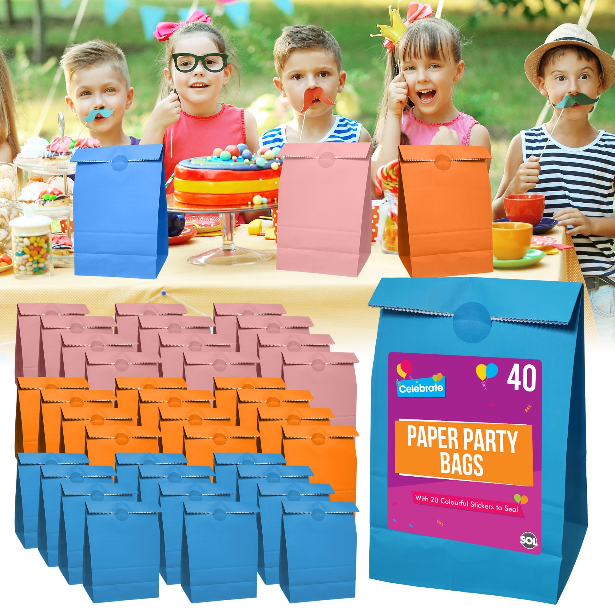 SOL 40pk Paper Party Bags for Kids with Stickers to Seal | Orange, Blue, Pink Bag Sweets Treat Fillers Birthday Gift