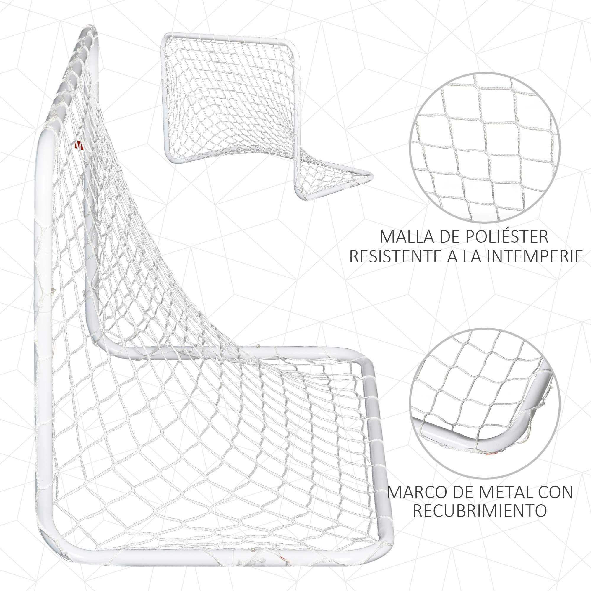 HOMCOM Set de 2 Porterías de Fútbol con Red y Balón, Acero y Poliéster, 78x46x56 cm, Blanco