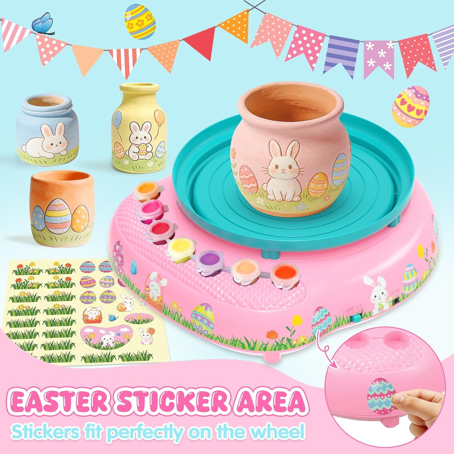 Easter Pottery Wheel for Kids Complete DIY Pottery Painting Kit, Arts and Crafts for Kids Ages 8-12 with 3 Air-Dry Clay Packs and Tools, Art Supplies Toys Birthday Gift for Boys Girls 6+ Years Old