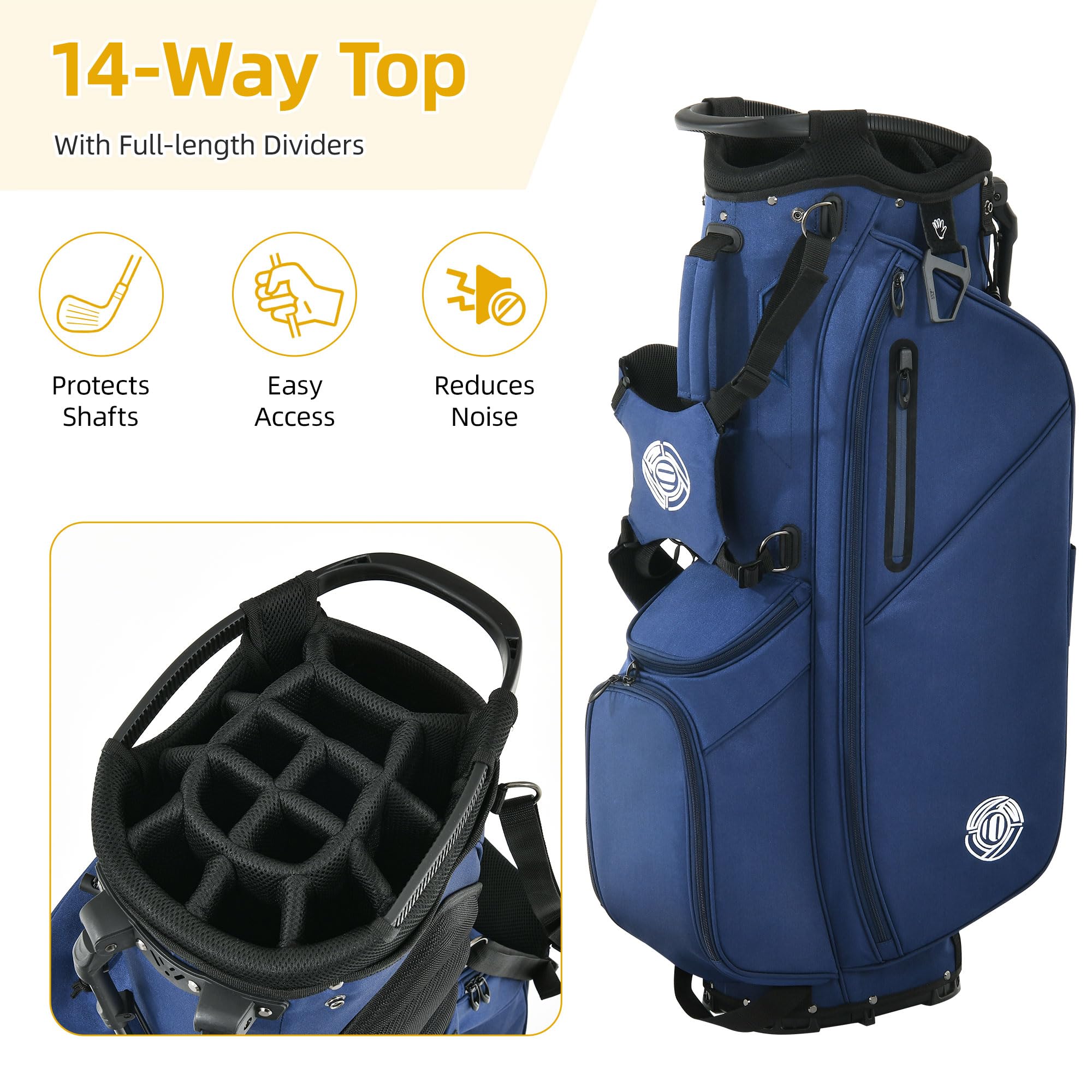 Shopsource Borsa da golf a 14 vie, leggera con supporto, per uomini e donne, con doppia cinghia ergonomica imbottita, divisori a tutta lunghezza, tasche multiple, cappuccio antipioggia