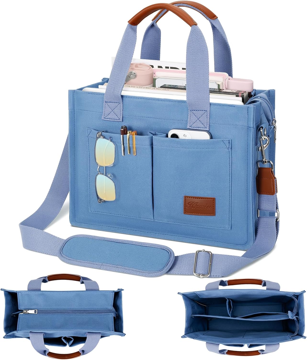 KKXIU Large Canvas Tote Bag for Women with Zipper and Compartments Crossbody Work Bible Messenger Purse Bag With Pockets