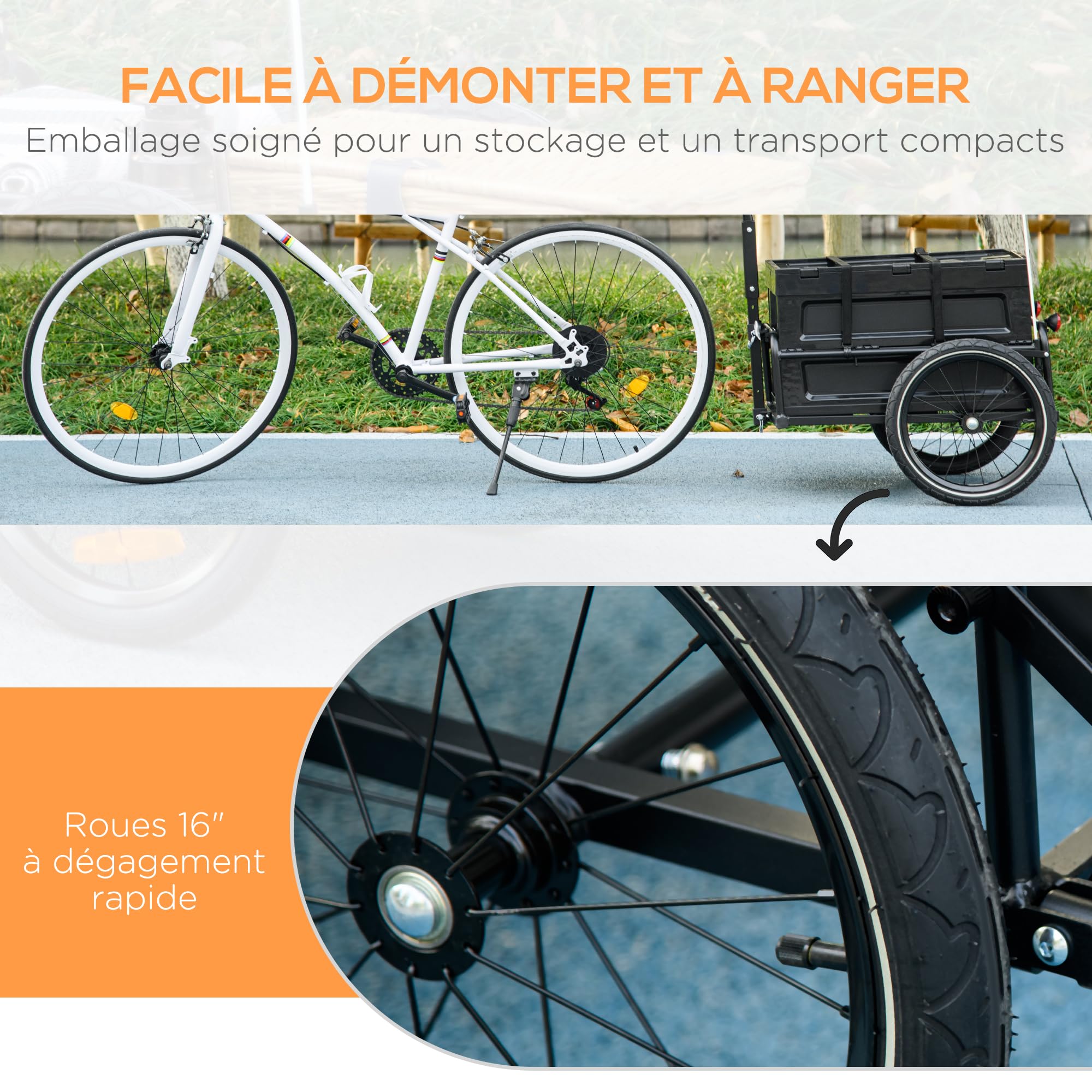 HOMCOM Rimorchio Carrello da bicicletta con vano portaoggetti rimovibile e pieghevole da 65 l, pneumatici e riflettori di sicurezza, carico massimo di 40 kg