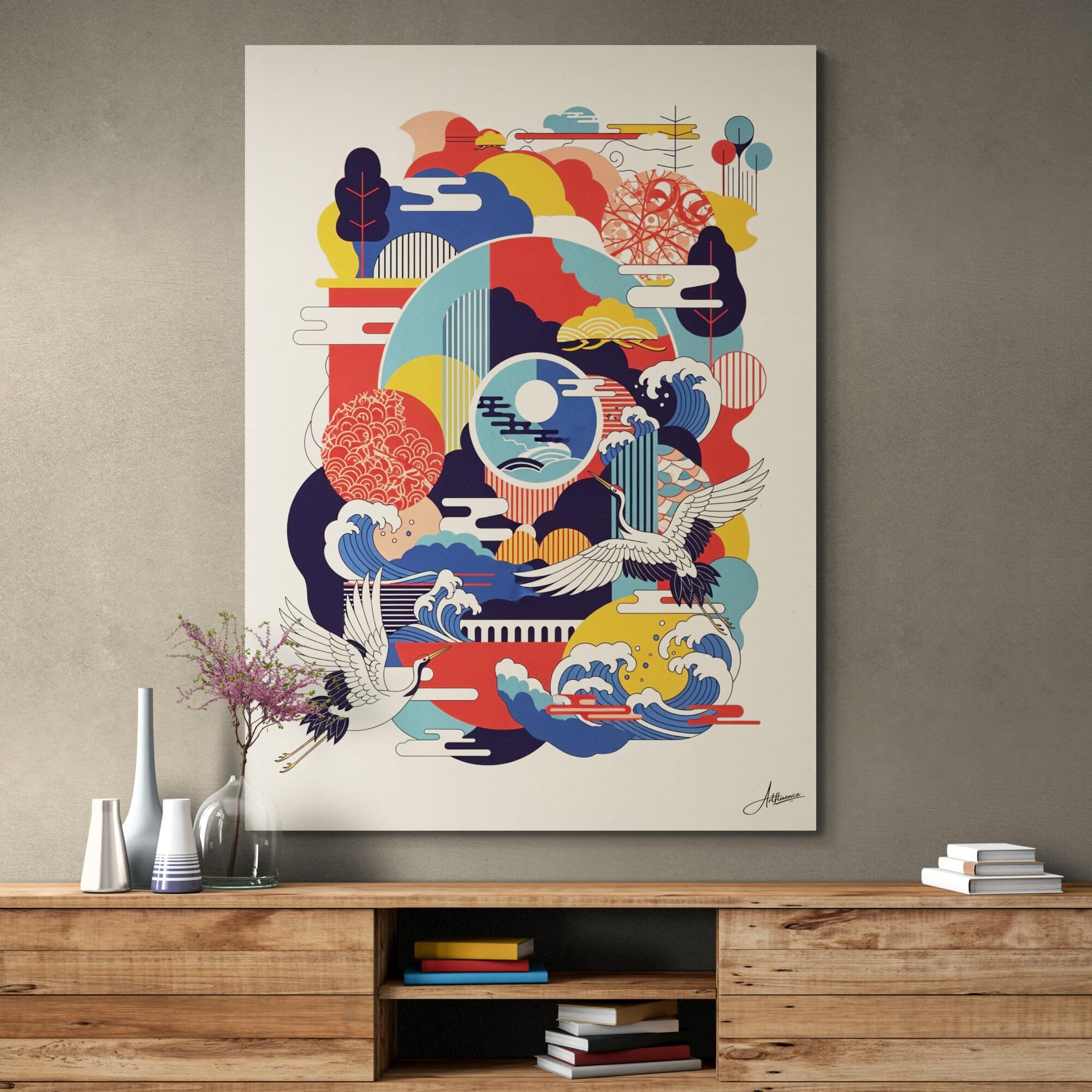 Japanese Style Wall Painting Decoration Vastu Vibrant Japanese Abstract Canvas Painting Wall Art for Cafes Living Room Office Home Cranes Waves Nature Inspired Artwork Framed Canvas 24 x 16 inches