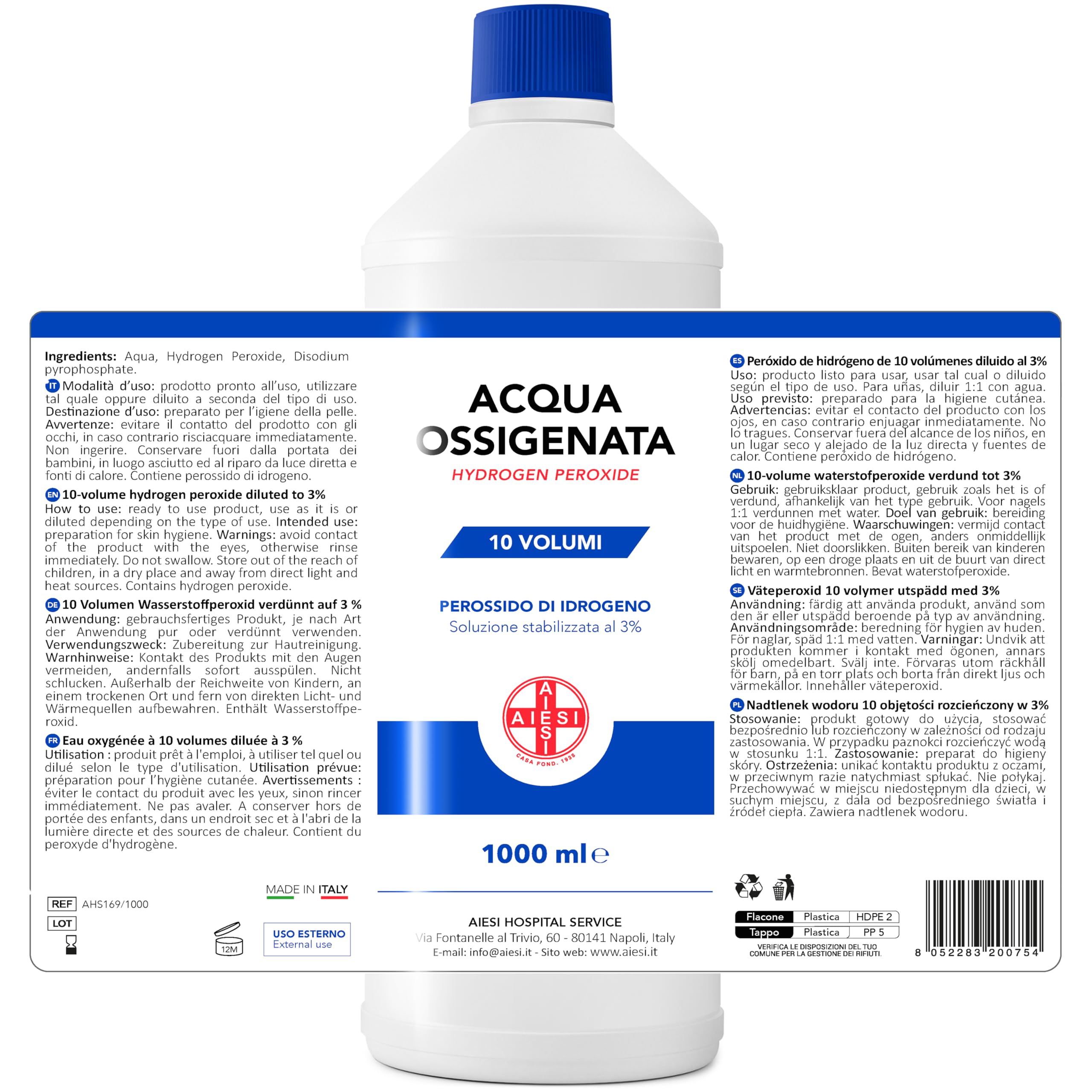 AIESI® Agua Oxigenada Ph.Eur. desinfectante (12x1000 ml) con tapa de seguridad para niños, Made in Italy