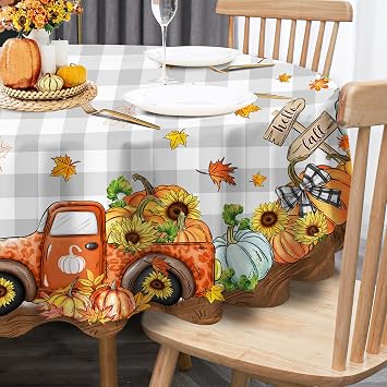 Fall Tablecloth 70 Inch Round, Pumpkins and Maple Leaves Table Cloth Fall Themed Decor for Dining Room Party