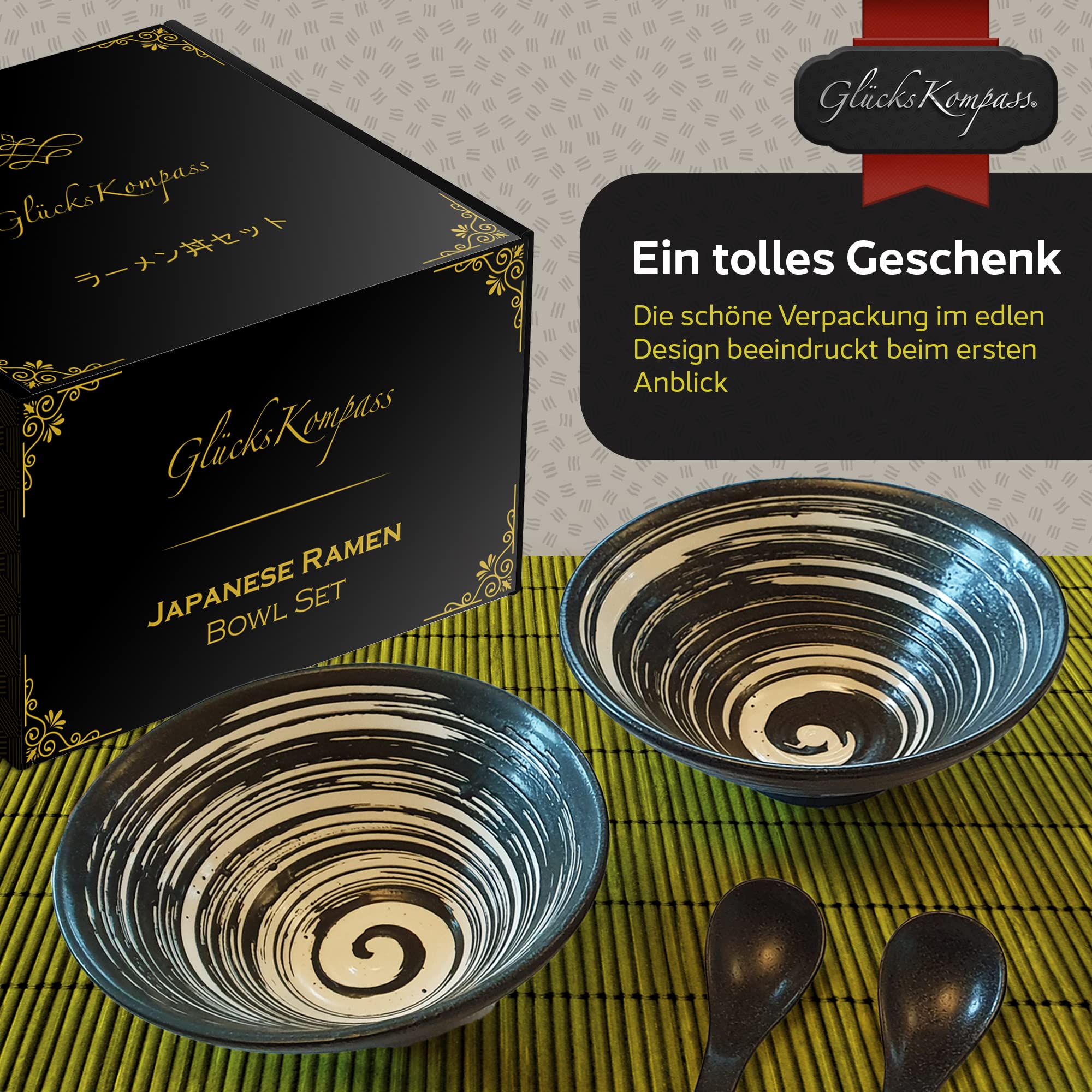 Japanisches Ramen Schüssel Set aus Keramik (8-tlg), groß: 20 cm Durchmesser | Bowl Suppenschüssel asiatisch Reisschale chinesisch Schale Thai Geschirr Löffel Essstäbchen Stäbchen