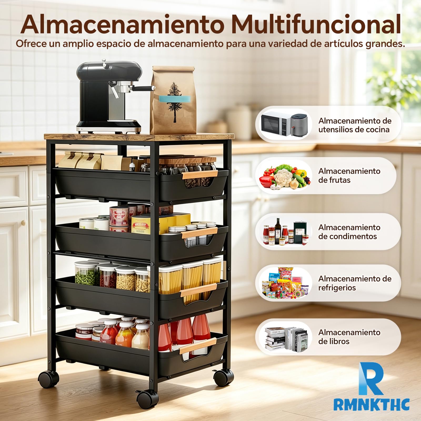 Carro de cocina con 5 estantes y 4 cajones, ruedas de 360° con 2 frenos, con placa de madera y cestas ventiladas, para almacenar frutas, verduras, microondas en la cocina y el salón (32 x