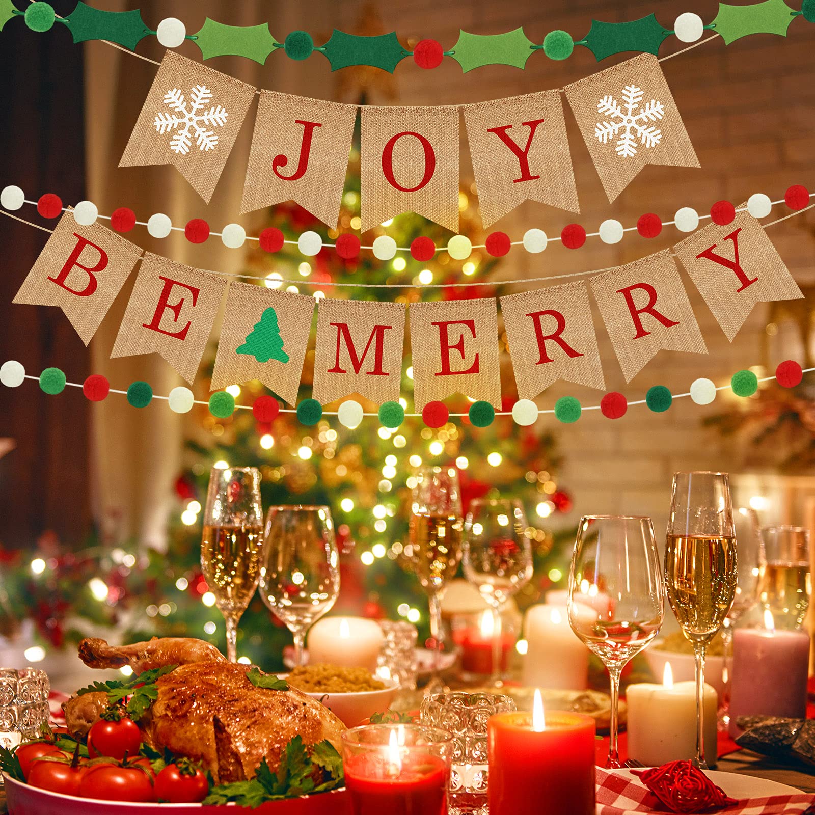 Banner de arpillera de Navidad de fieltro Pom Garland Banner Be Merry Bunting Banner Happy Holidays Banner Joy Bunting Banner para vacaciones de cumpleaños, decoración de aniversario