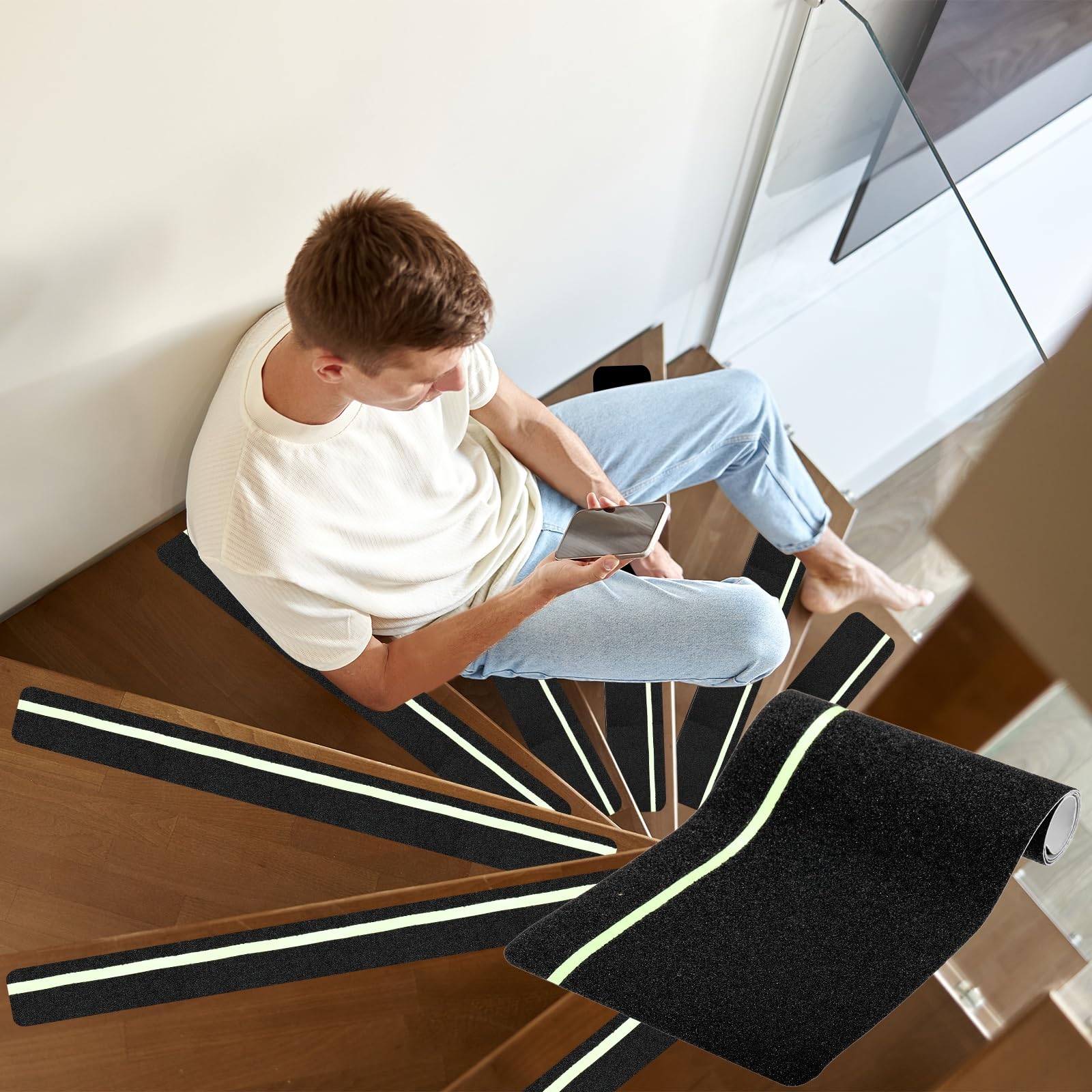 PATIKIL 15x61cm Cinta Antideslizante Para Escalones Negra, Paquete De 25 Tiras Autoadhesivas Antideslizantes Con Franja Verde Fosforescente De 6mm Para Escalones De Madera