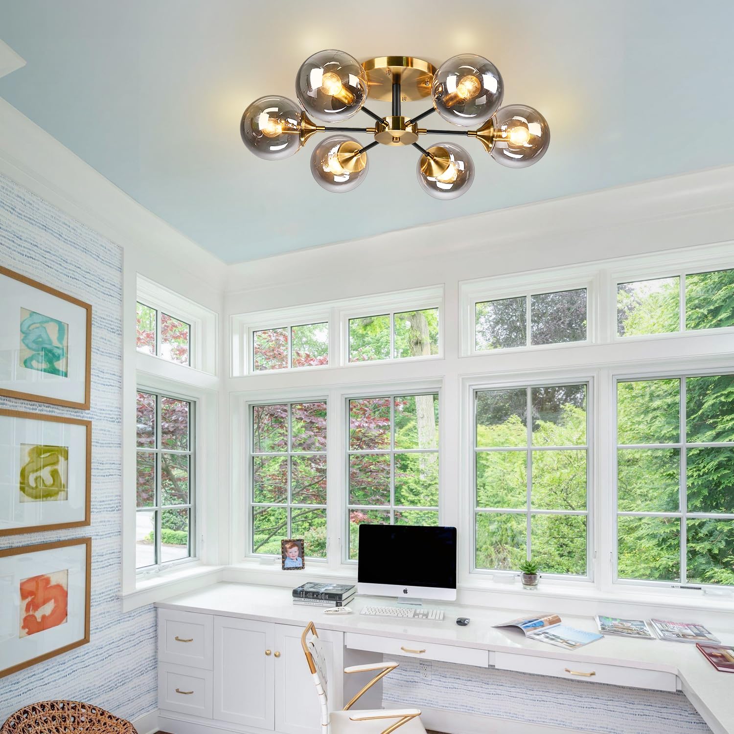 KCO Illuminazione a coste in vetro di latte a filo Luce da soffitto oro e bianco Plafoniere in ottone Apparecchi di illuminazione da cucina Piccolo globo Semi Flush Mount Plafoniera per Corridoio