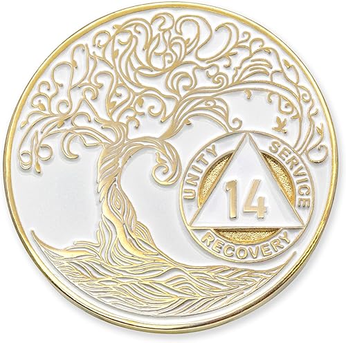 14 años Sobriety Mint Twisted Tree of Life - Medallón de recuperación AANA chapado en oro, fichas y fichas, color blanco