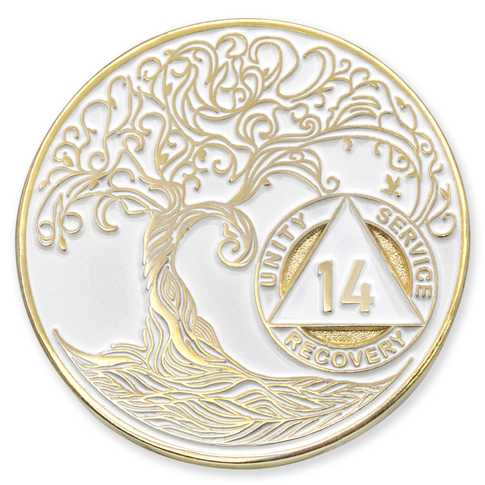 1 to 50 Year Twisted Tree of Life Sobriety Coin - Gold Plated AA Chips &amp; Medallions - 14 Year Sobriety Coin - White