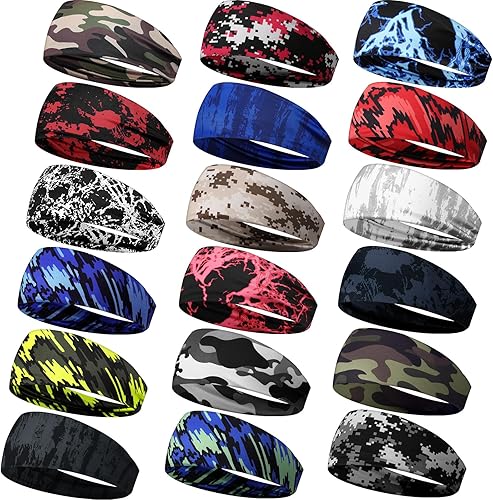 18 Pcs Sports Sweatbands for Men Women Camo Headbands Workout Non Slip Headbands Breathable Head Band Fitness Stretchy Unisex Hairband for Yoga